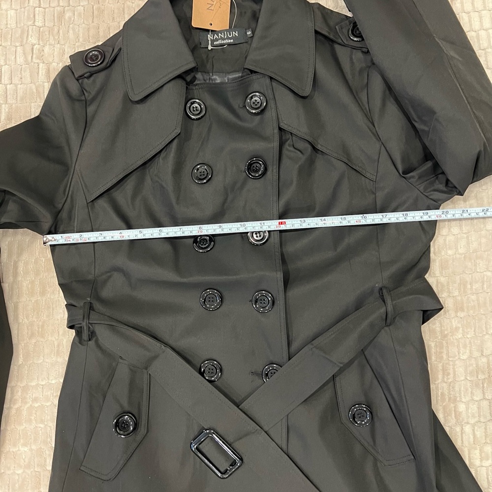 🚫SOLD ON MERC🚫 NWT Black Trench Coat women’s double breasted mid length sz 6 - Picture 9 of 14